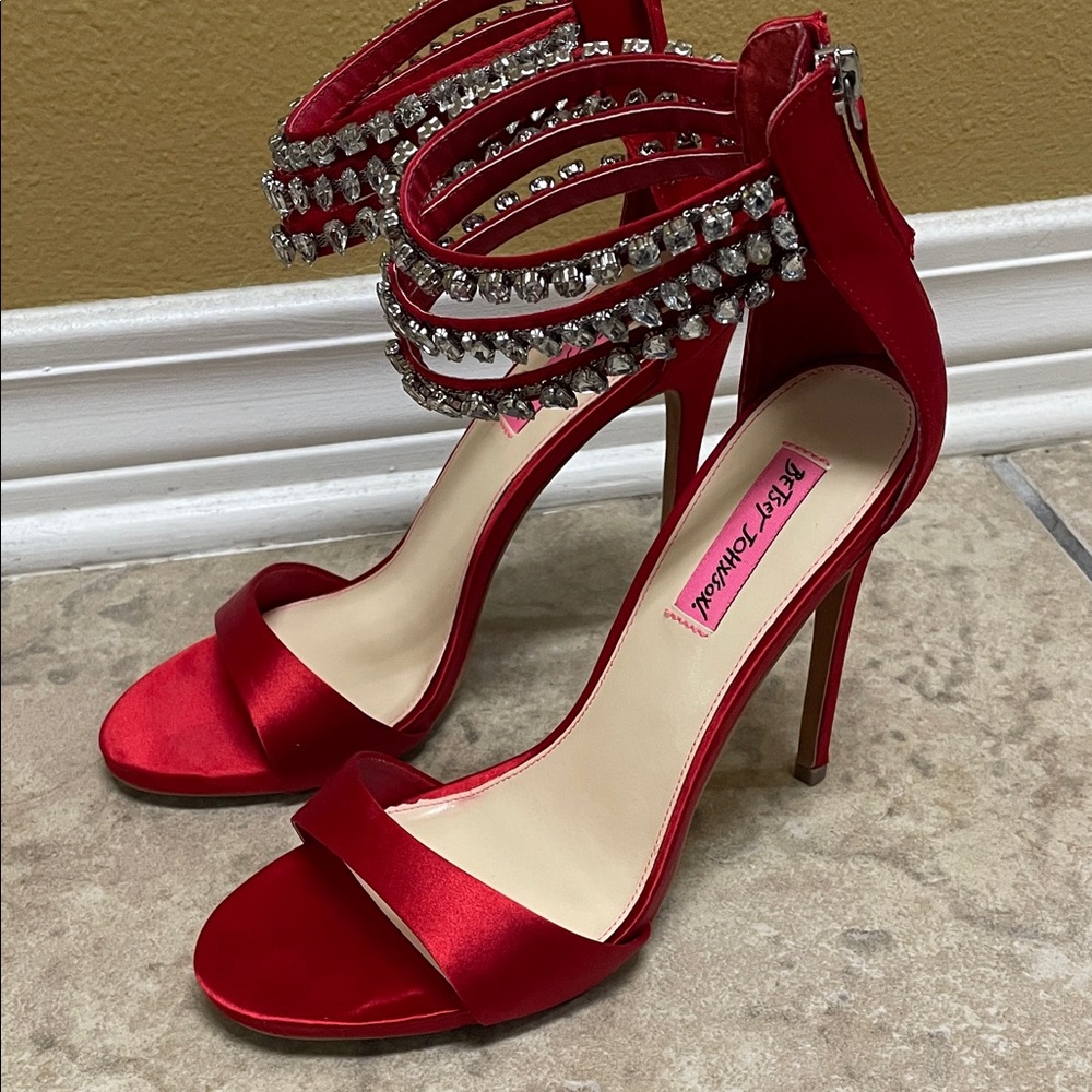 SALE PRICE - Elegant Red Satin Heels with Rhinestone Straps 9.5 | Betsey Johnson
